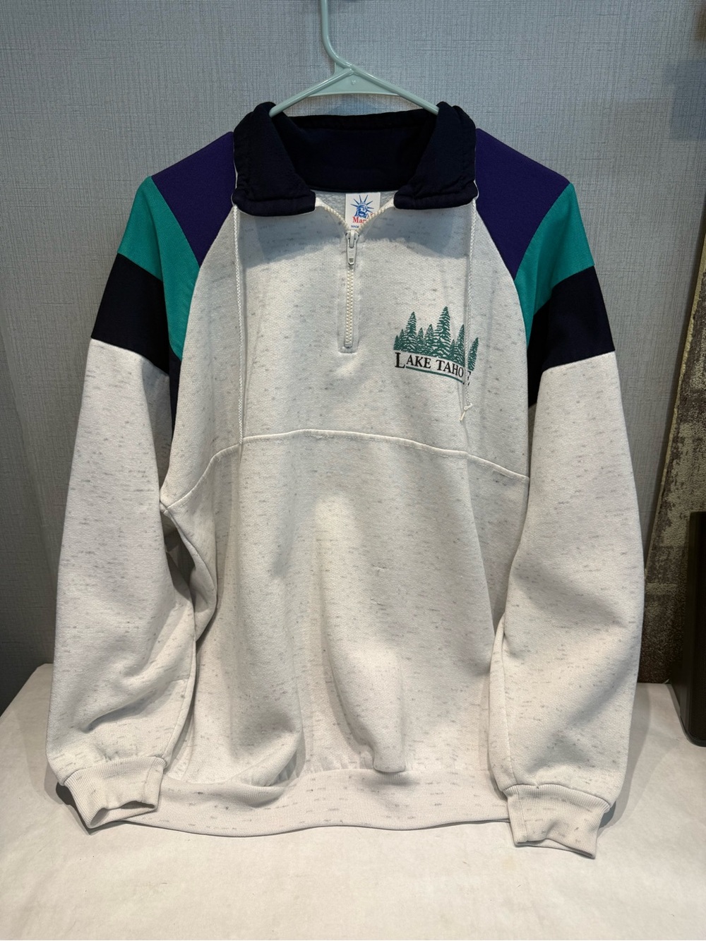 Vtg Lake Tahoe Pullover Quarter-Zip Sweatshirt Unisex Sz XL Oatmeal Teal Purple